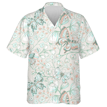 Hand Drawn Butterflies And Blooming Flowers Hawaiian Shirt, Hawaiian For Gift