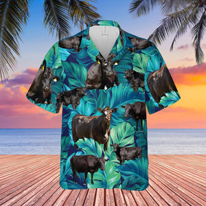 Black Angus Cattle Blue And Green Background Hawaiian Shirt, Hawaiian Shirt Gift, Christmas Gift