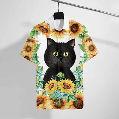 Black Cat Sunflower Design Hawaiian Shirt,Hawaiian For Gift
