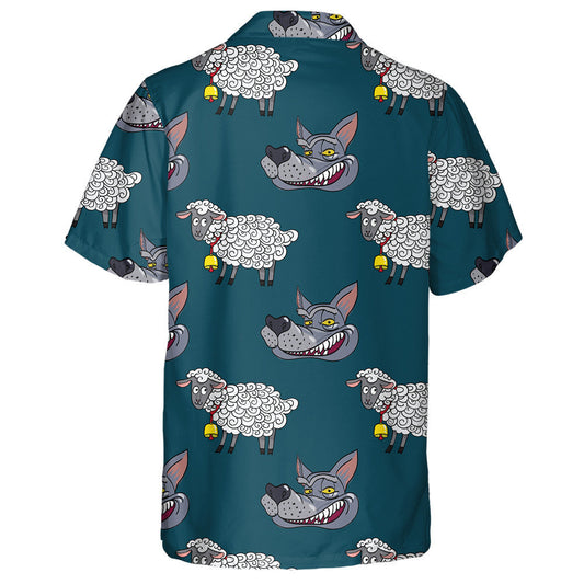 Smiling Wolf Face And Nice Lamb Hawaiian Shirt,Hawaiian Shirt Gift, Christmas Gift