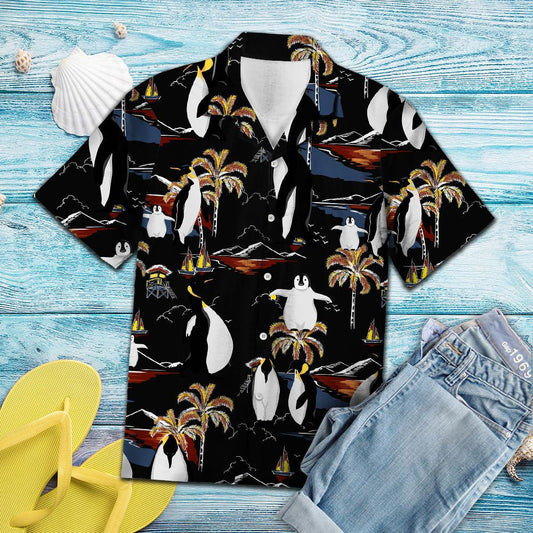Black Background Penguin On Vacation Pattern Hawaiian Shirt, Hawaiian For Gift