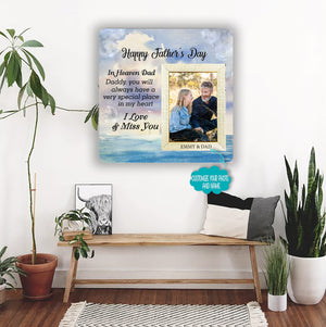 Happy Father's Day in heaven Dad Memorial Picture Frame - Keepsake Plaque That Holds a custom Photo - Sympathy Gift to Tribute The Loss of a Loved One