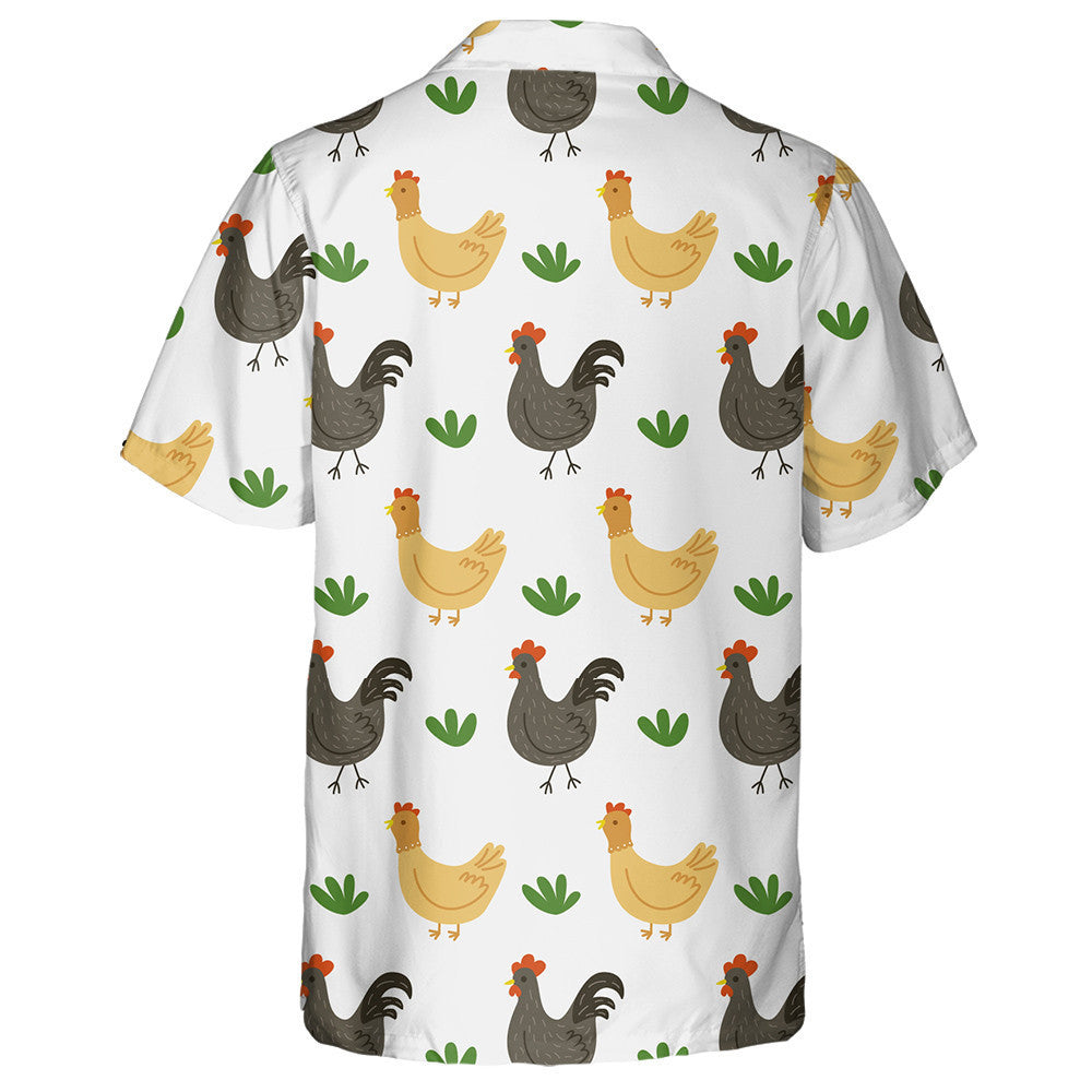 Chicken And Rooster With Grass On Gray Background Hawaiian Shirt, Hawaiian Shirt Gift, Christmas Gift