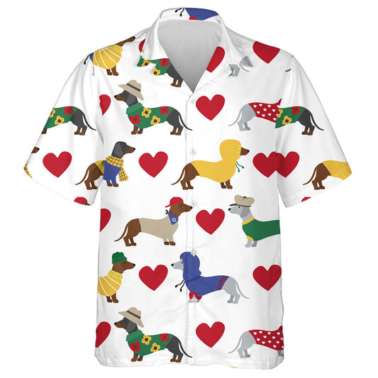 Theme Dachshund And Red Hearts On White Hawaiian Shirt, Hawaiian Shirt Gift, Christmas Gift