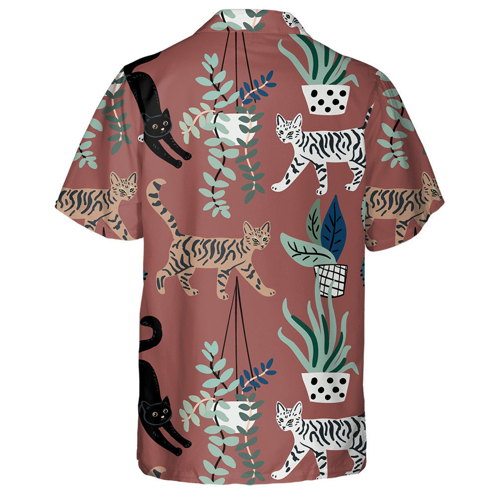 Cute Cats And House Plants On The Brown Hawaiian Shirt, Hawaiian Shirt Gift, Christmas Gift