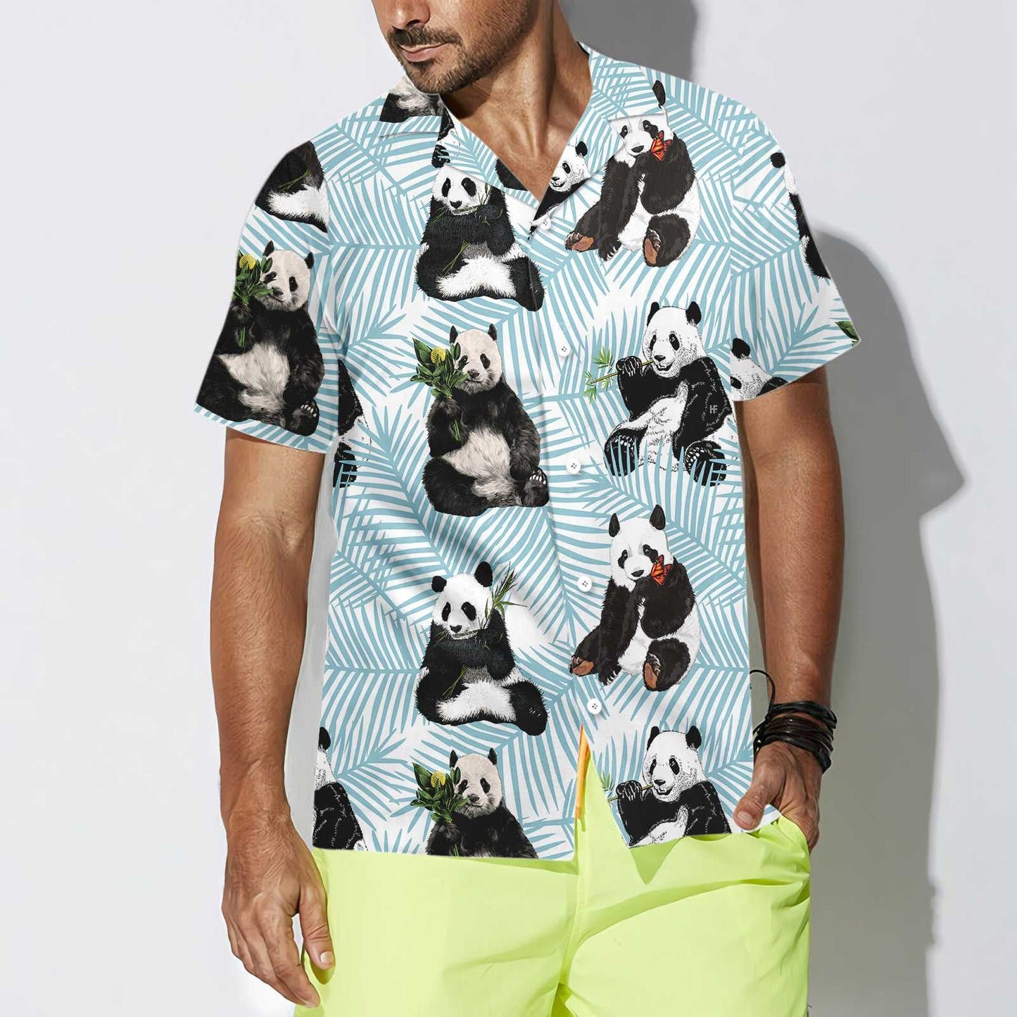 Dearadh Éadrom Spéir Gorm Léine Haváís Panda Ar Dhuilleoga Palm, Bronntanas Léine Haváíais, Bronntanas Nollag