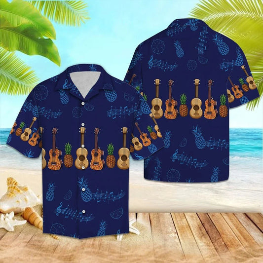 Ukulele With Pineapples In Deep Blue Hawaiian Shirt, Hwaiian For Gift