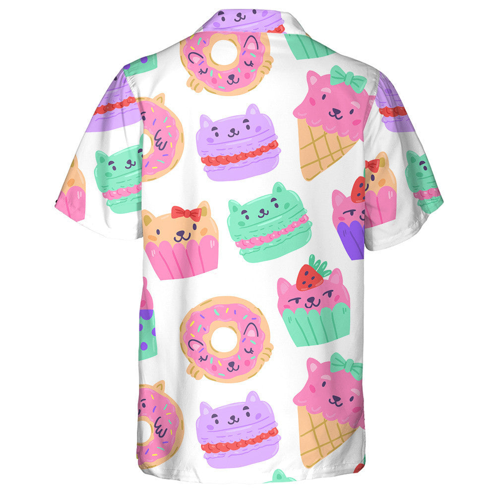 Cat Muffins Cupcakes And Macarons On White Hawaiian Shirt, Hawaiian Shirt Gift, Christmas Gift