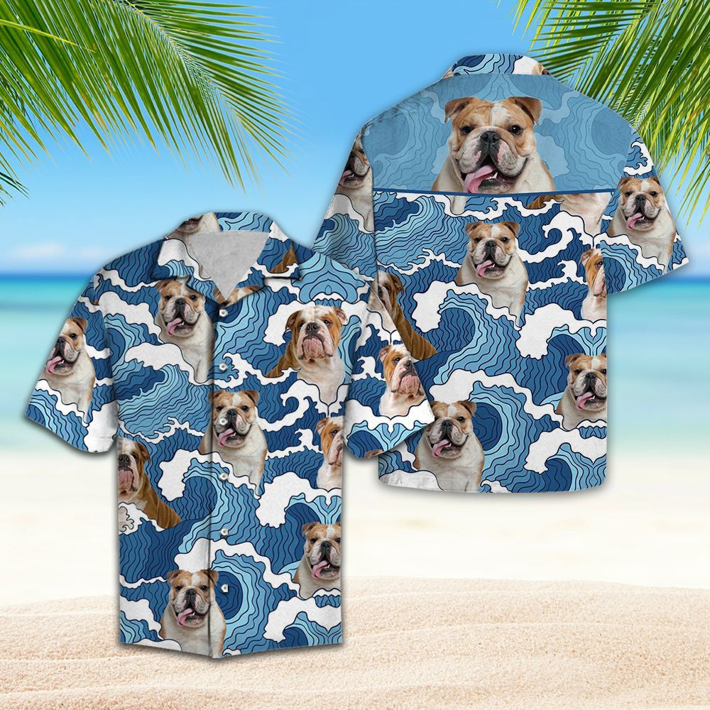 Cartoon Blue Ocean Waves With Bulldog Hawaiian Shirt, Hawaiian For Gift