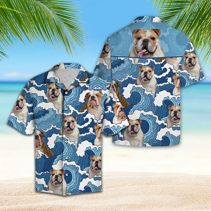 Cartoon Blue Ocean Waves With Bulldog Hawaiian Shirt, Hawaiian For Gift