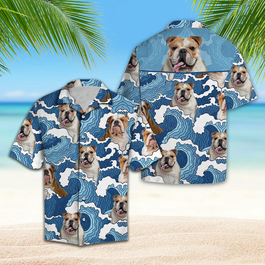 Cartoon Blue Ocean Waves With Bulldog Hawaiian Shirt, Hawaiian For Gift