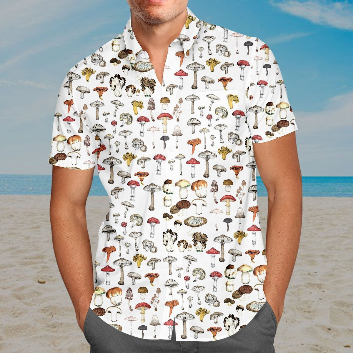 Mushroom On White Crazy Ornamental Hawaiian Shirt,Hawaiian Shirt Gift, Christmas Gift