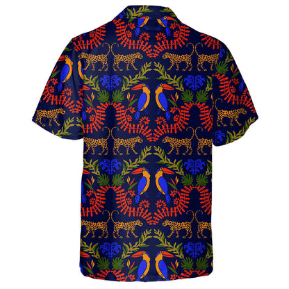 Wild African Leopard With Tropical Damask Hawaiian Shirt, Hwaiian For Gift