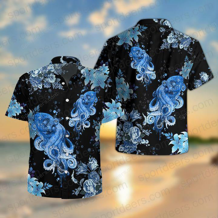 Blue Octopus Pattern Black Theme Hawaiian Shirt, Hawaiian For Gift