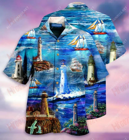 Blue Lighthouse Unisex Short Hawaiian Shirt Vacation Short Sleeve Custom Hawaiian Shirts Crazy Shirts Hawaii,Hawaiian Shirt Gift, Christmas Gift