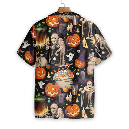 Halloween Mummy And Bags Of Sweets Pattern Hawaiian Shirt, Hawaiian Shirt Gift, Christmas Gift