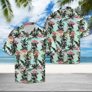 Flamingo Seeking Food With Tropical Leaves Hawaiian Shirt,Hawaiian Shirt Gift, Christmas Gift