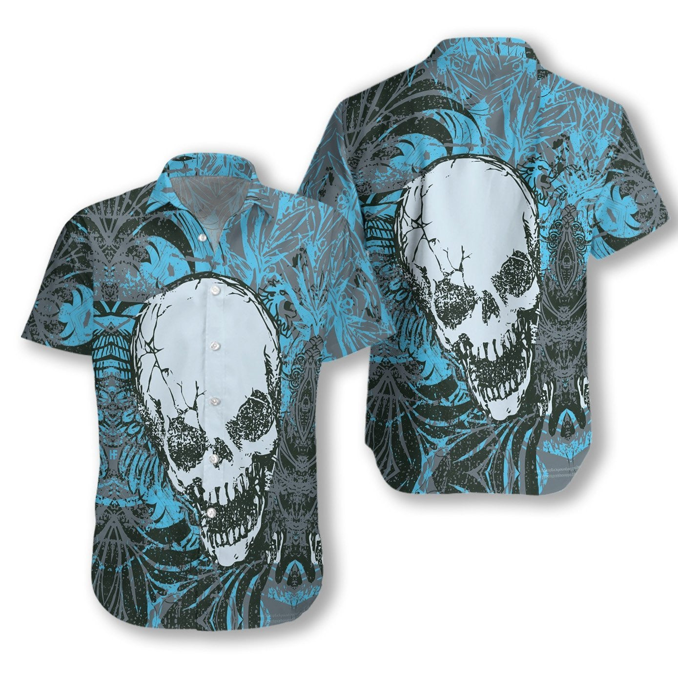 Retro Skull Pattern Blue Leave Design Hawaiian Shirt,Hawaiian Shirt Gift, Christmas Gift