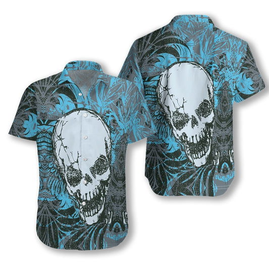 Retro Skull Pattern Blue Leave Design Hawaiian Shirt,Hawaiian Shirt Gift, Christmas Gift