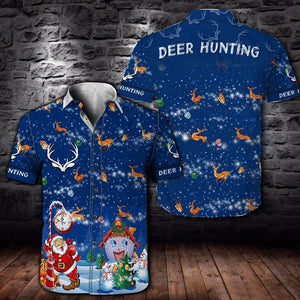 Design Hawaiian Shirt Christmas Deer Hunting Dark Blue, Hawaiian Shirt Gift, Christmas Gift