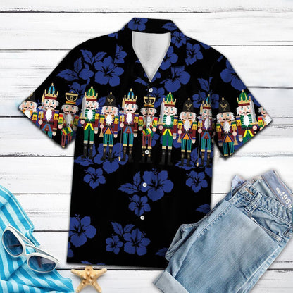 Nutcracker With Blue Hibiscus In Black Hawaiian Shirt,Hawaiian Shirt Gift, Christmas Gift