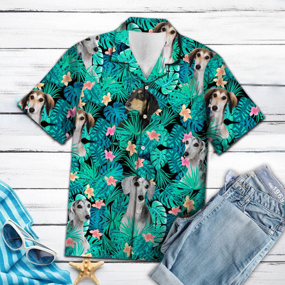 Naughty Saluki Lost In Tropical Jungle Pattern Hawaiian Shirt, Hawaiian Shirt Gift, Christmas Gift