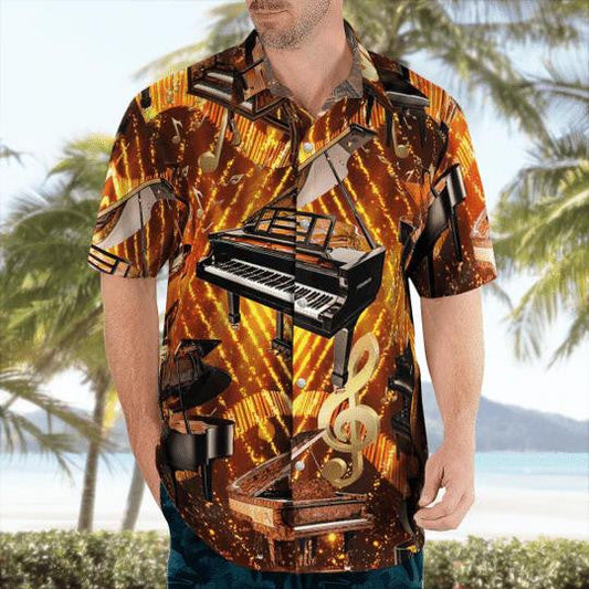 Floating Piano Yellow Striped Hawaiian Shirt,Hawaiian Shirt Gift, Christmas Gift