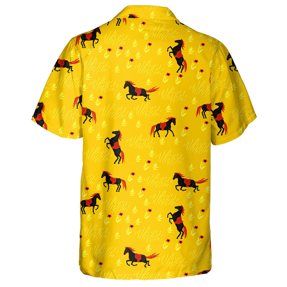 Black Horses On A Gold Field Hawaiian Shirt, Hawaiian For Gift