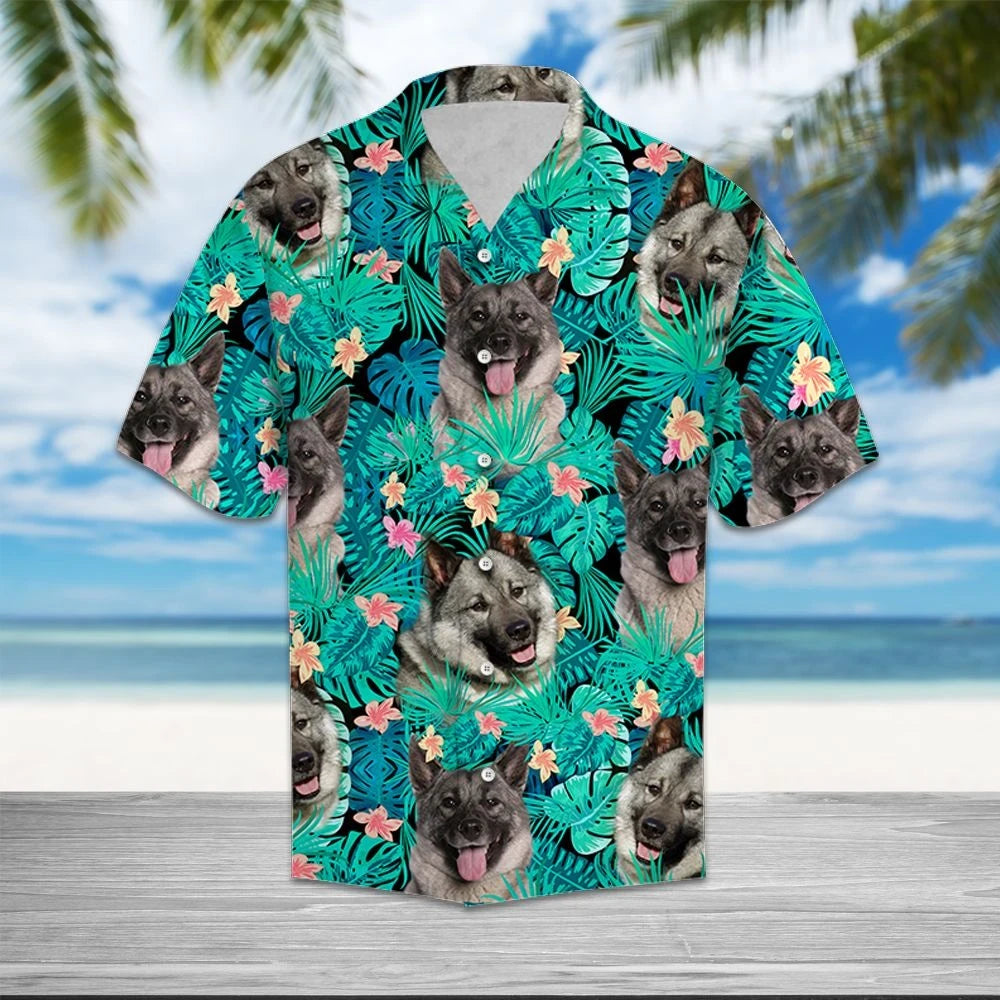 Norwegian Elkhound With Plumeria And Leaves Design Hawaiian Shirt,Hawaiian Shirt Gift, Christmas Gift