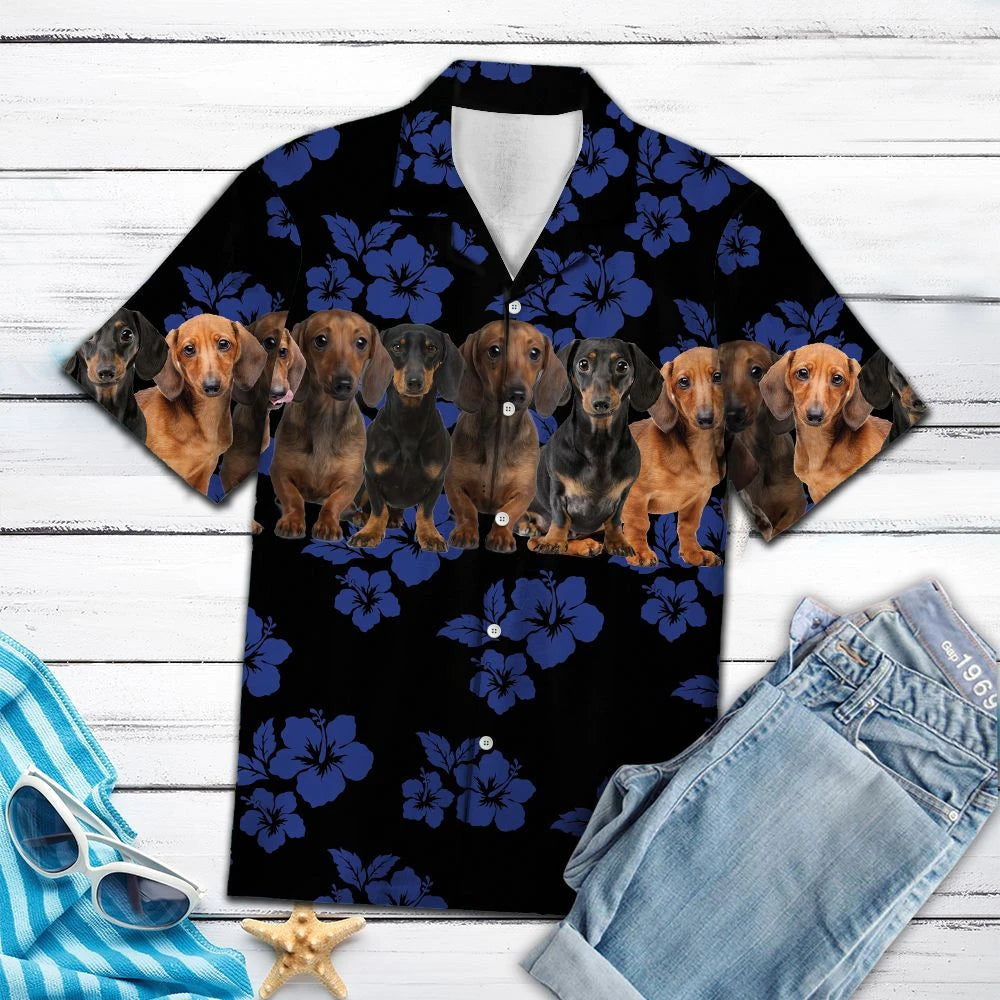 Dachshund Dogs With Blue Hibiscus In Black Hawaiian Shirt, Hawaiian Shirt Gift, Christmas Gift
