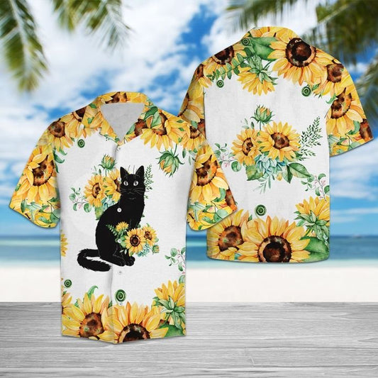 Black Cat And Sunflower Hawaiian Shirt,Hawaiian Shirt Gift, Christmas Gift