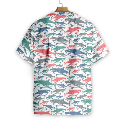 Multicolor Shark Pattern On White Background Hawaiian Shirt,Hawaiian Shirt Gift, Christmas Gift