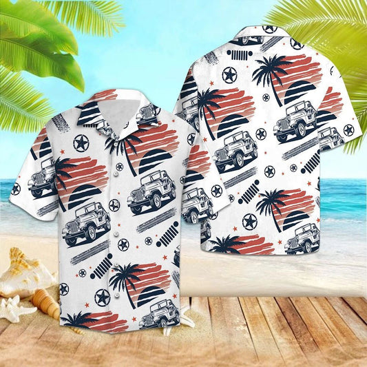 Retro Style Jeep Cars Beach Pattern Hawaiian Shirt,Hawaiian Shirt Gift, Christmas Gift
