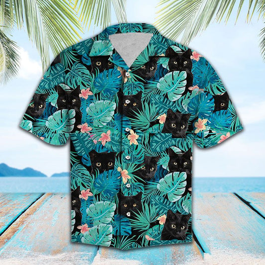 Cat Dubh gleoite Folaigh I bPatrún na nDuilleoga Trópaiceacha Léine Haváís, Bronntanas Léine Haváíais, Bronntanas Nollag