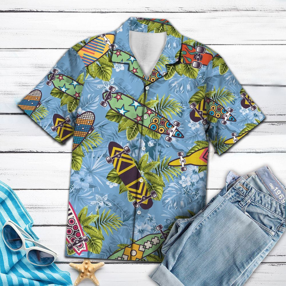 Skateboard On Ocean With Tropical Leaves Hawaiian Shirt,Hawaiian Shirt Gift, Christmas Gift