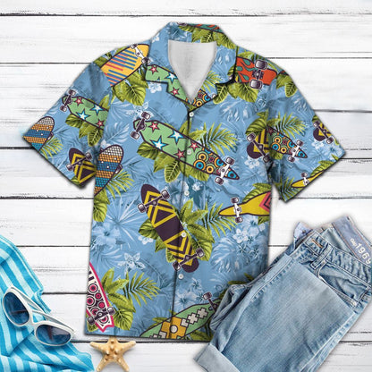 Skateboard On Ocean With Tropical Leaves Hawaiian Shirt,Hawaiian Shirt Gift, Christmas Gift