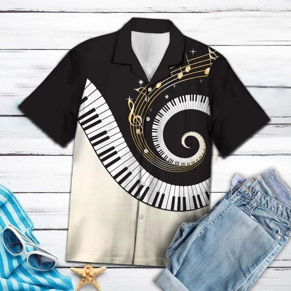 Piano Key And Music Notes Swirls Pattern Hawaiian Shirt, Hawaiian Shirt Gift, Christmas Gift