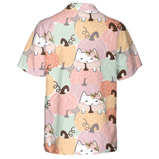 Kawaii Halloween Cat And Flower On White Hawaiian Shirt, Hawaiian Shirt Gift, Christmas Gift