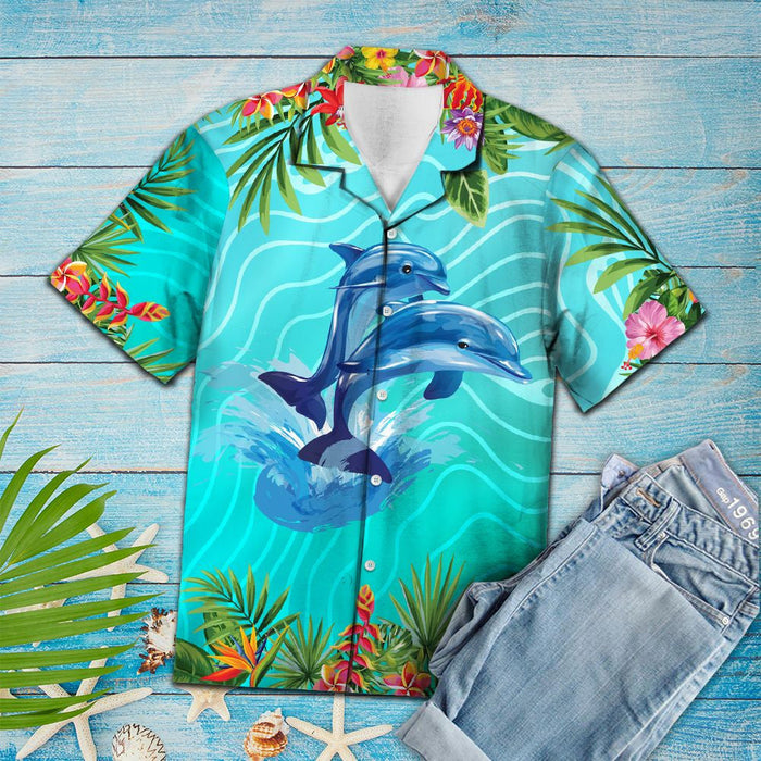 A Couple Of Dolphin Love Summer Vacation Themed Pattern Hawaiian Shirt, Hawaiian Shirt Gift, Christmas Gift