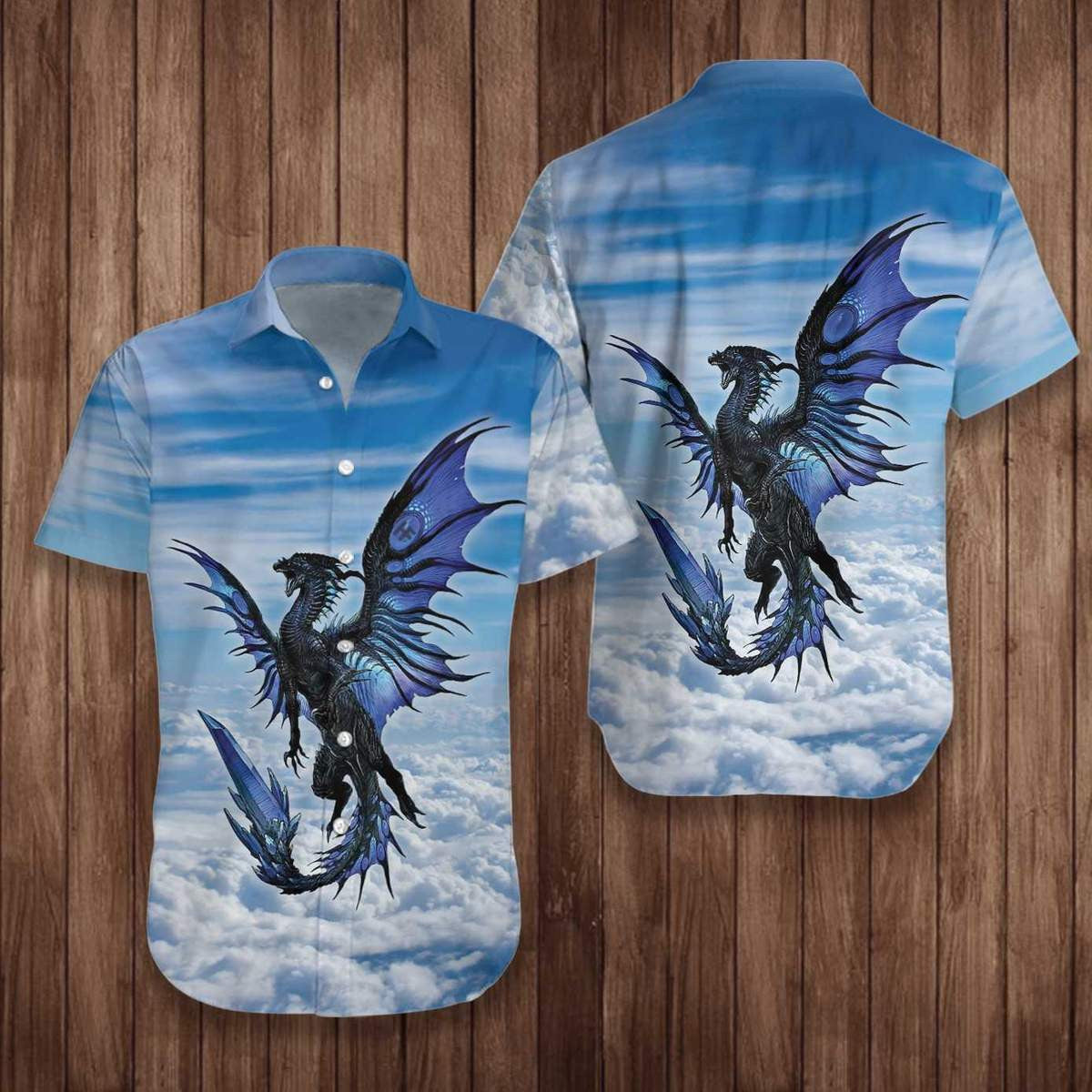 Blue Dragon On Blue Sky Pattern Hawaiian Shirt, Hawaiian For Gift