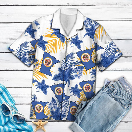 Minnesota Flag With Blue Hibiscus Hawaiian Shirt,Hawaiian Shirt Gift, Christmas Gift