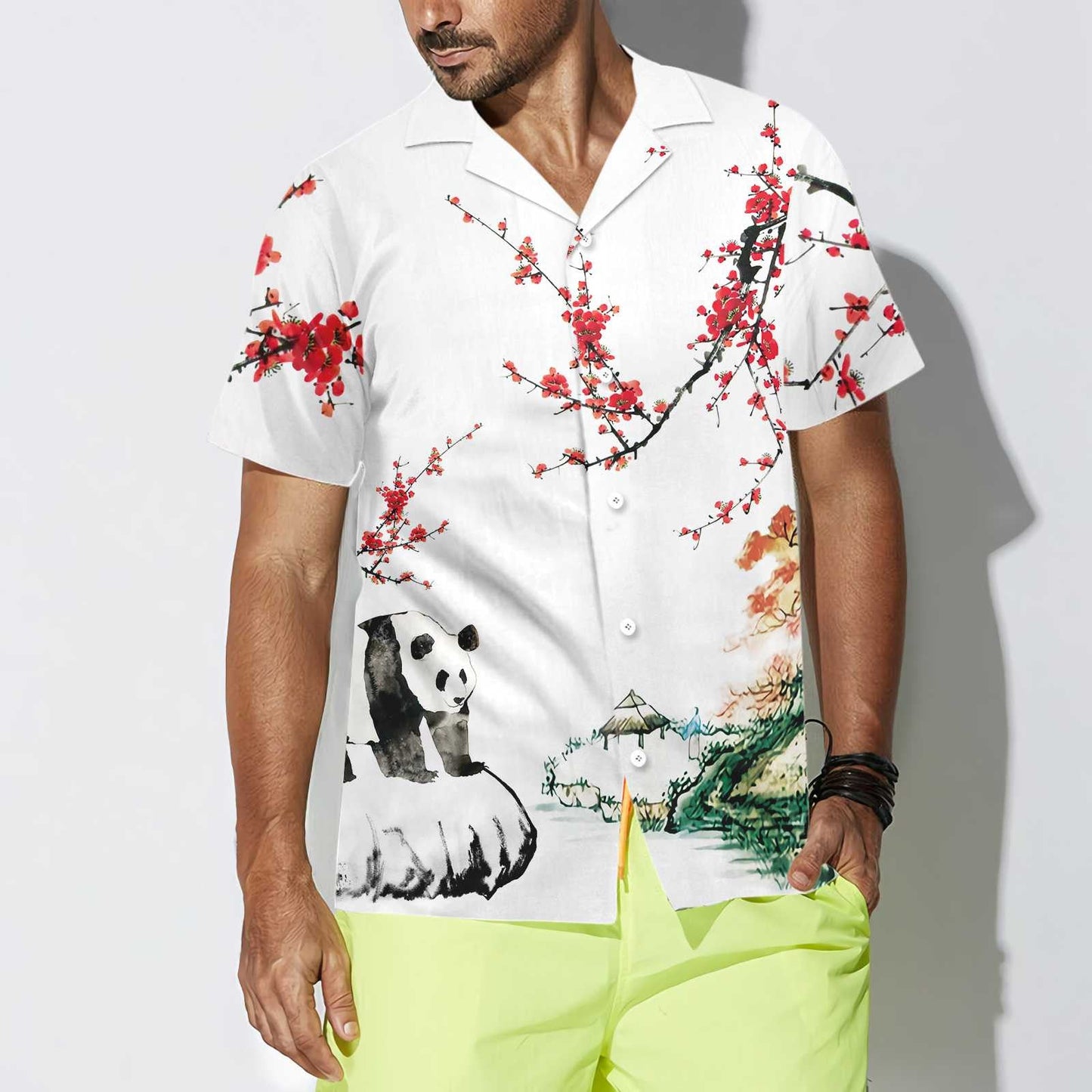 Nice Panda With Plum Blossom Design Hawaiian Shirt,Hawaiian Shirt Gift, Christmas Gift