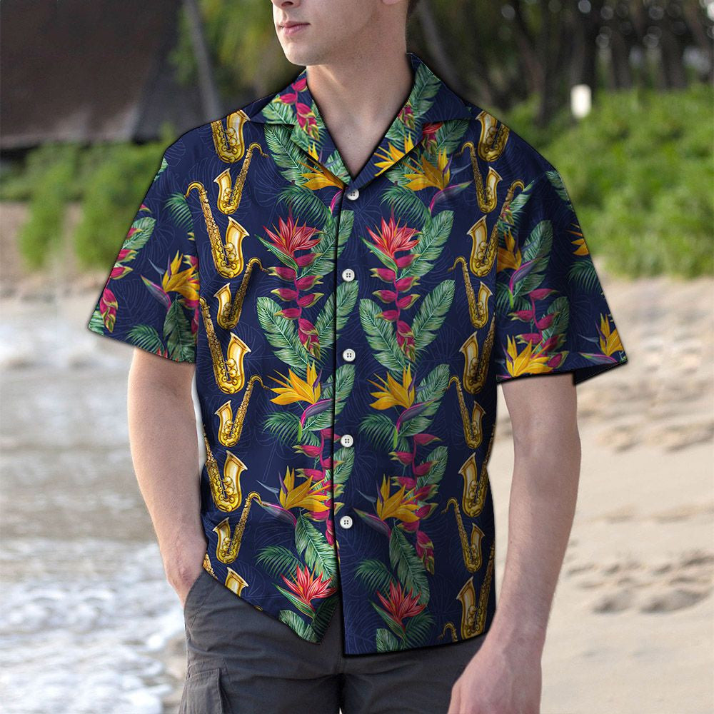 Hawaiian Shirt Golden Saxophone With Paradise Flowers In Navy, Hawaiian Shirt Gift, Christmas Gift