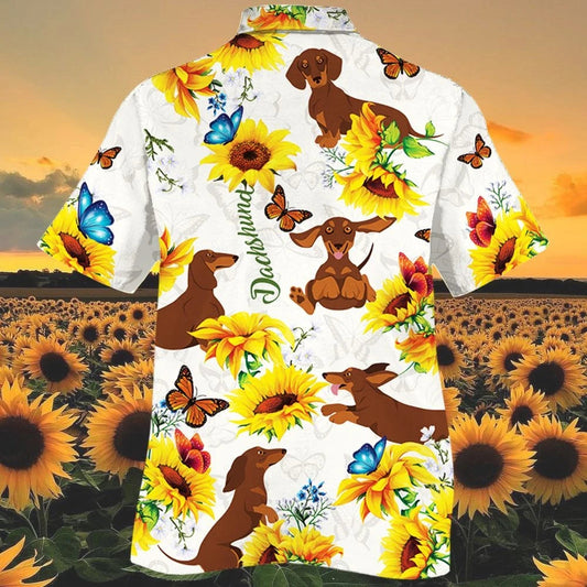 Madra Dachshund le Féileacán Ar Léine Haváí Ghairdín Bláthanna na Gréine, Bronntanas Léine Haváíais, Bronntanas Nollag