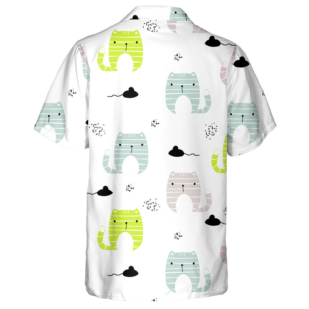 Funny Cat And Black Mouse On White Hawaiian Shirt, Hawaiian Shirt Gift, Christmas Gift