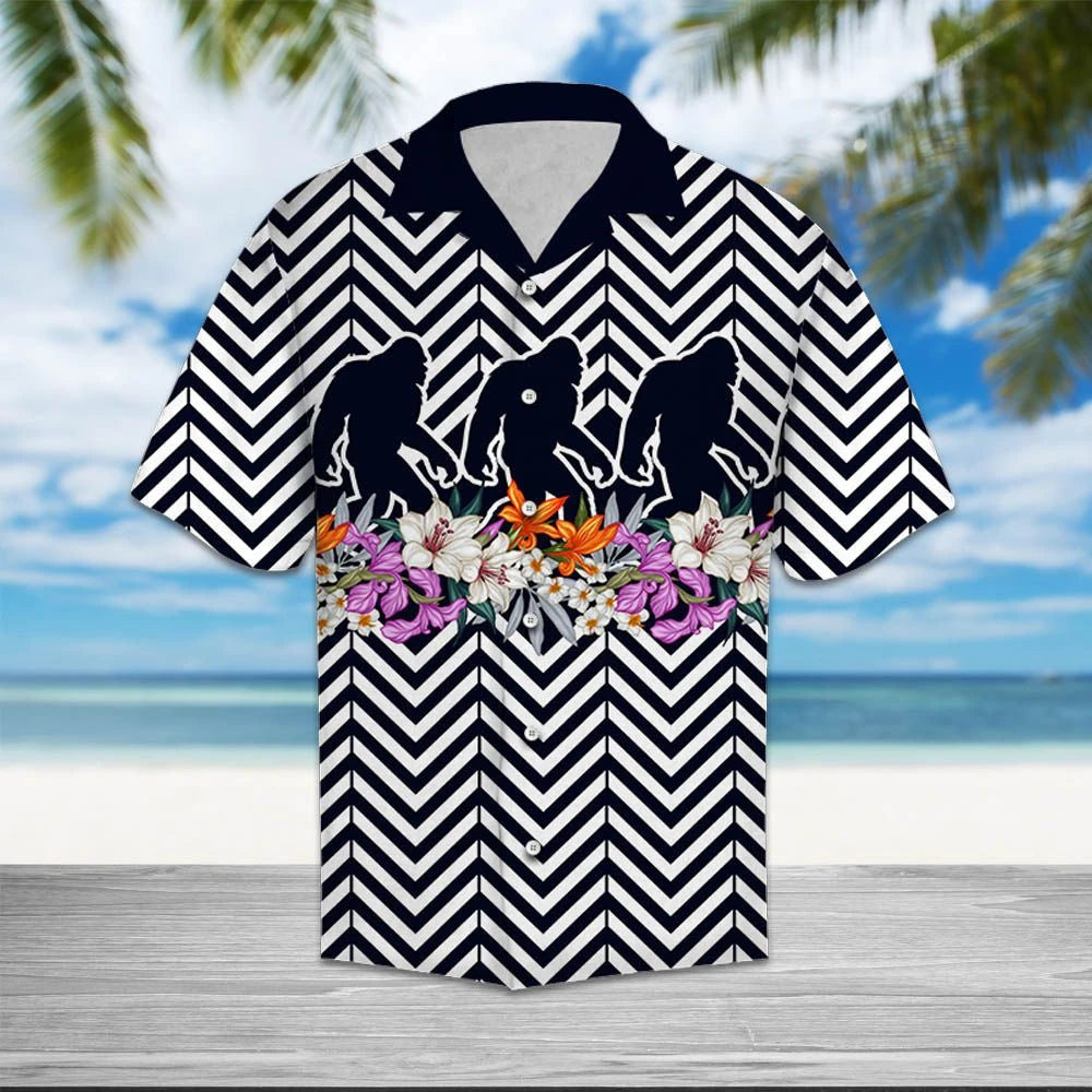 Black Bigfoot Walk On Flower Zigzag Pattern Hawaiian Shirt, Hawaiian Shirt Gift, Christmas Gift