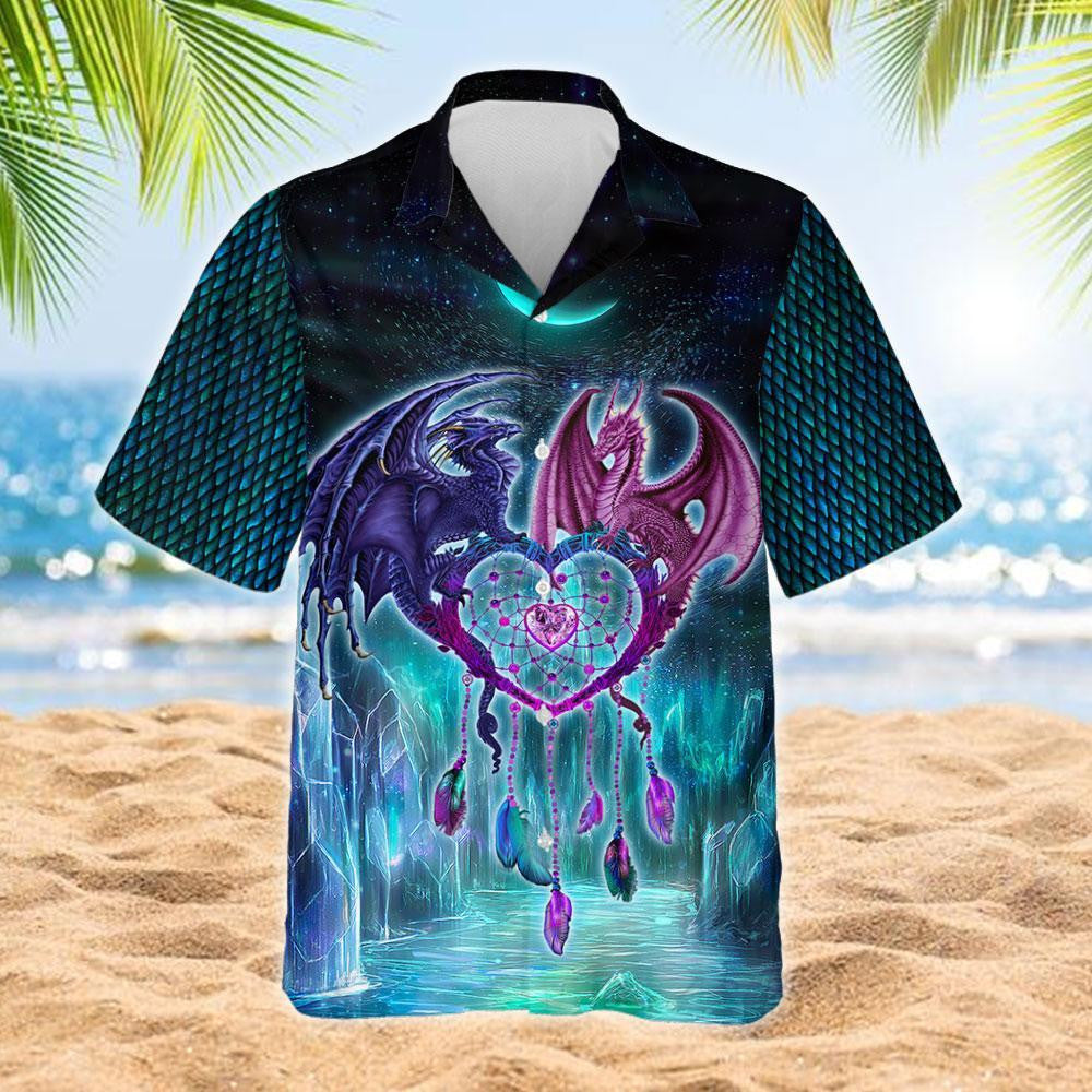 Dragon Couple Under The Moonlight Design Hawaiian Shirt,Hawaiian Shirt Gift, Christmas Gift