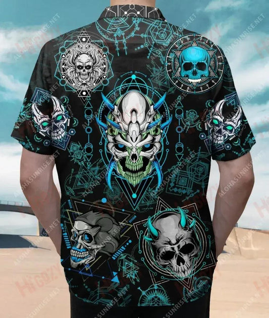 Blue Geometric Skull Unisex Short Sleeve Shirt Summer Tropical Shirts Custom Hawaiian Shirts Funny Hawaiian Shirts,Hawaiian Shirt Gift, Christmas Gift