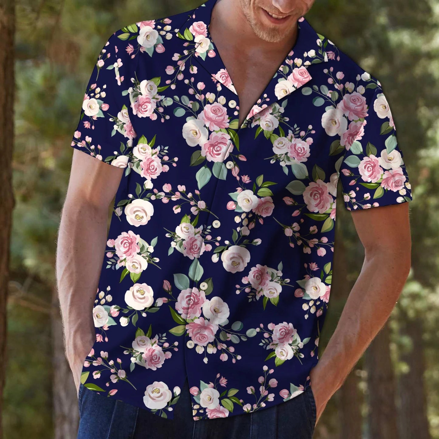 Vivid Pink Floral On Navy Background Hawaiian Shirt, Hwaiian For Gift
