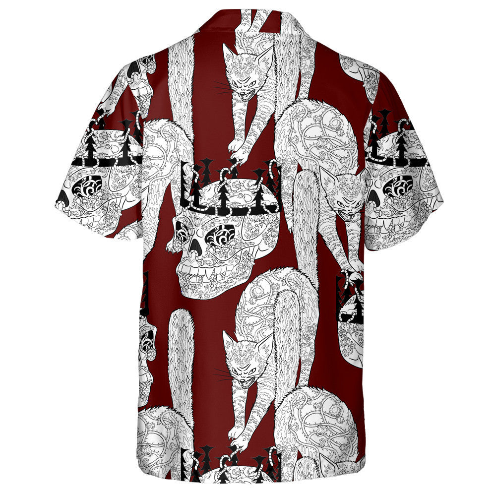 Halloween Cat And Skull On Red Hawaiian Shirt, Hawaiian For Gift